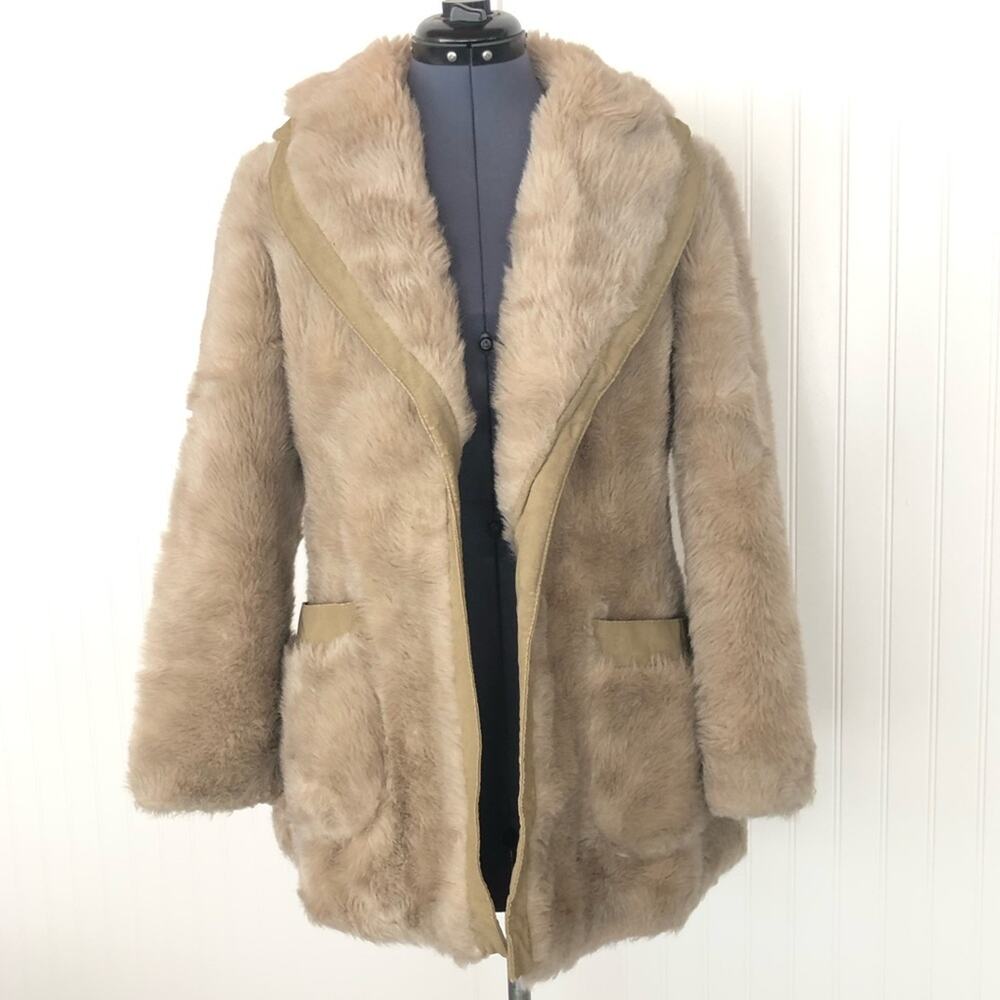 Vintage Tan Faux Fur Jacket with Leather Trim Boho 70s Pockets Hippie Large